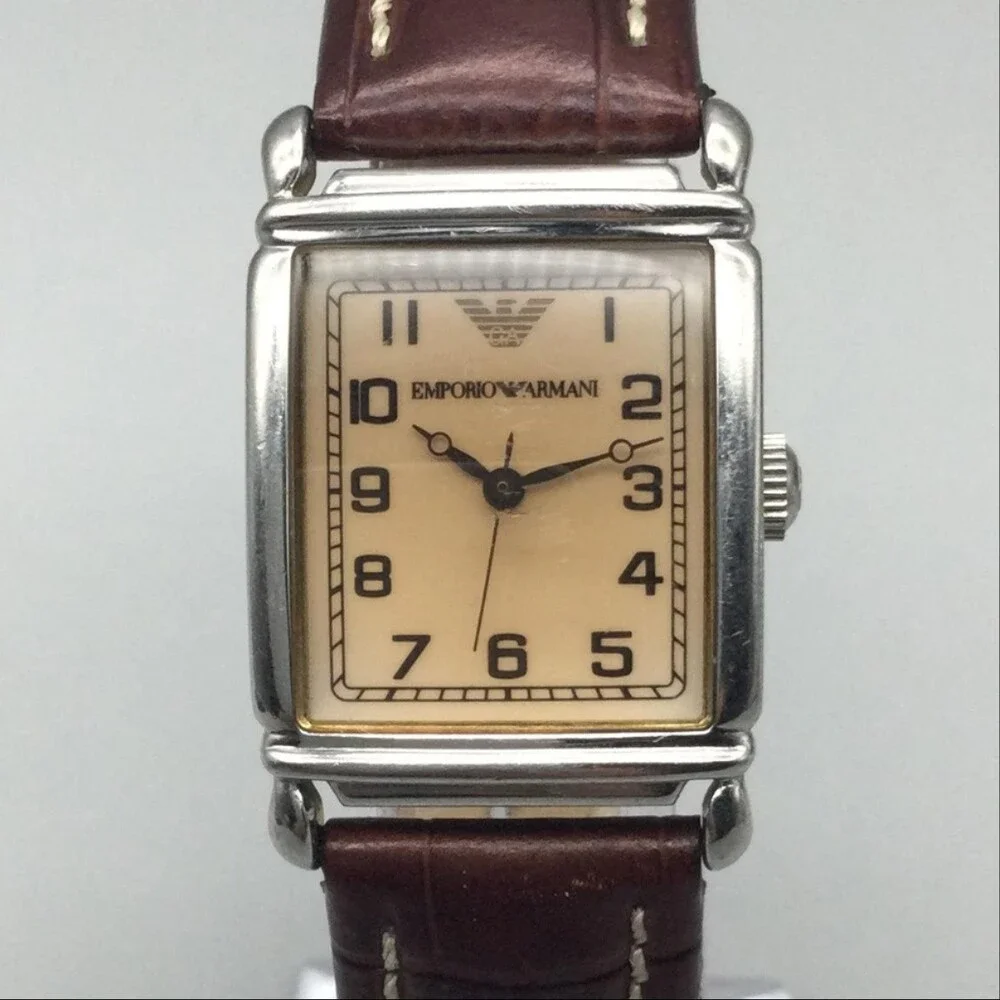 Emporio Armani Womens Watch 24mm Beige Dial Brown Leather AR2004 New Battery